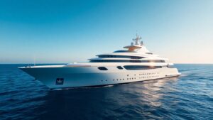 Opulent superyacht sailing on a calm blue ocean.