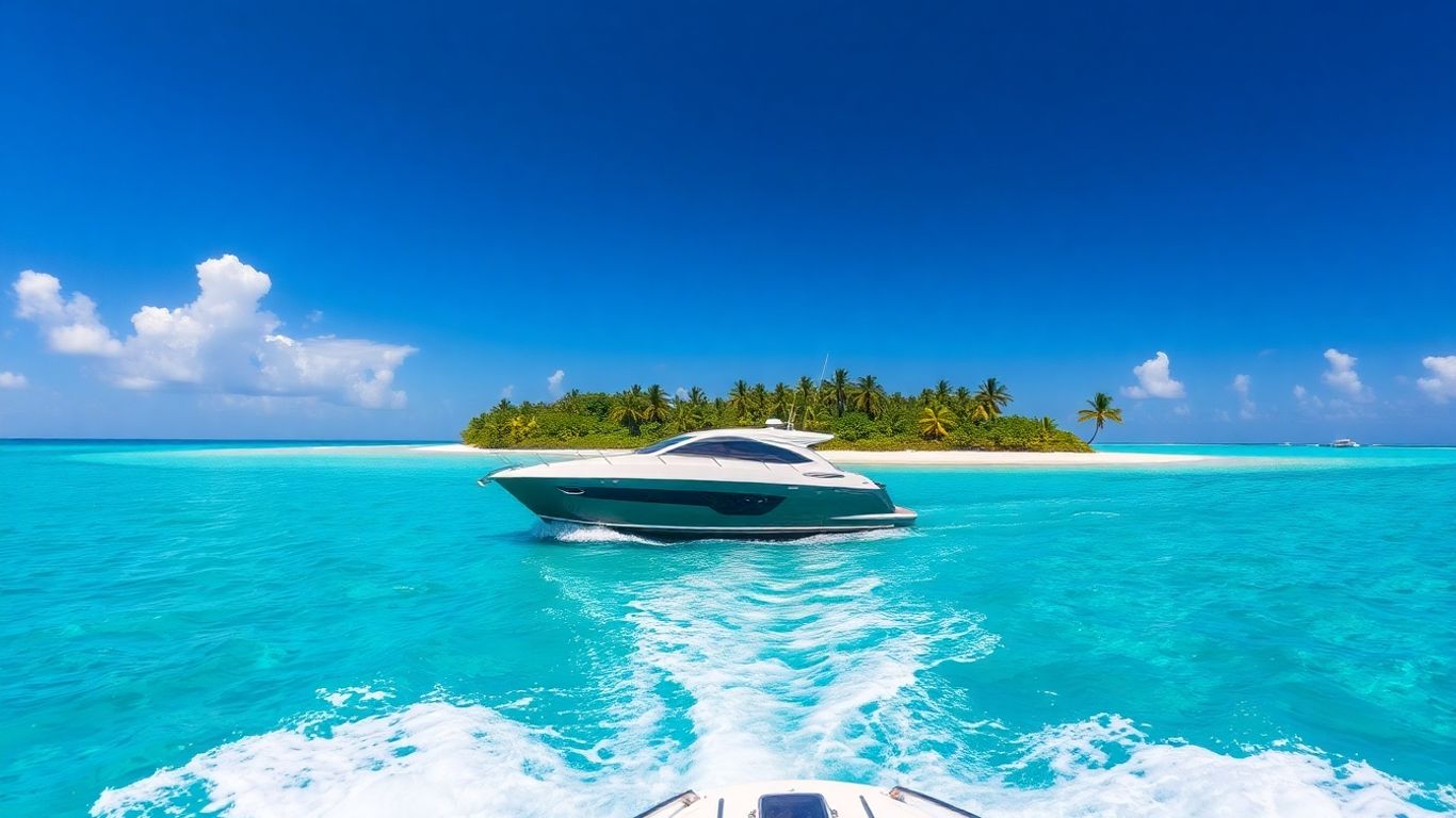 Luxury yacht near palm-lined Bahamas island