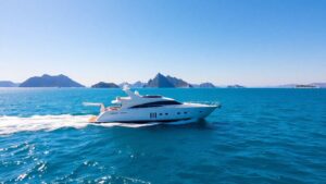 Yacht sailing on turquoise Adriatic Sea near islands.