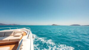 Yacht sailing in the Aegean Sea near Greek islands.