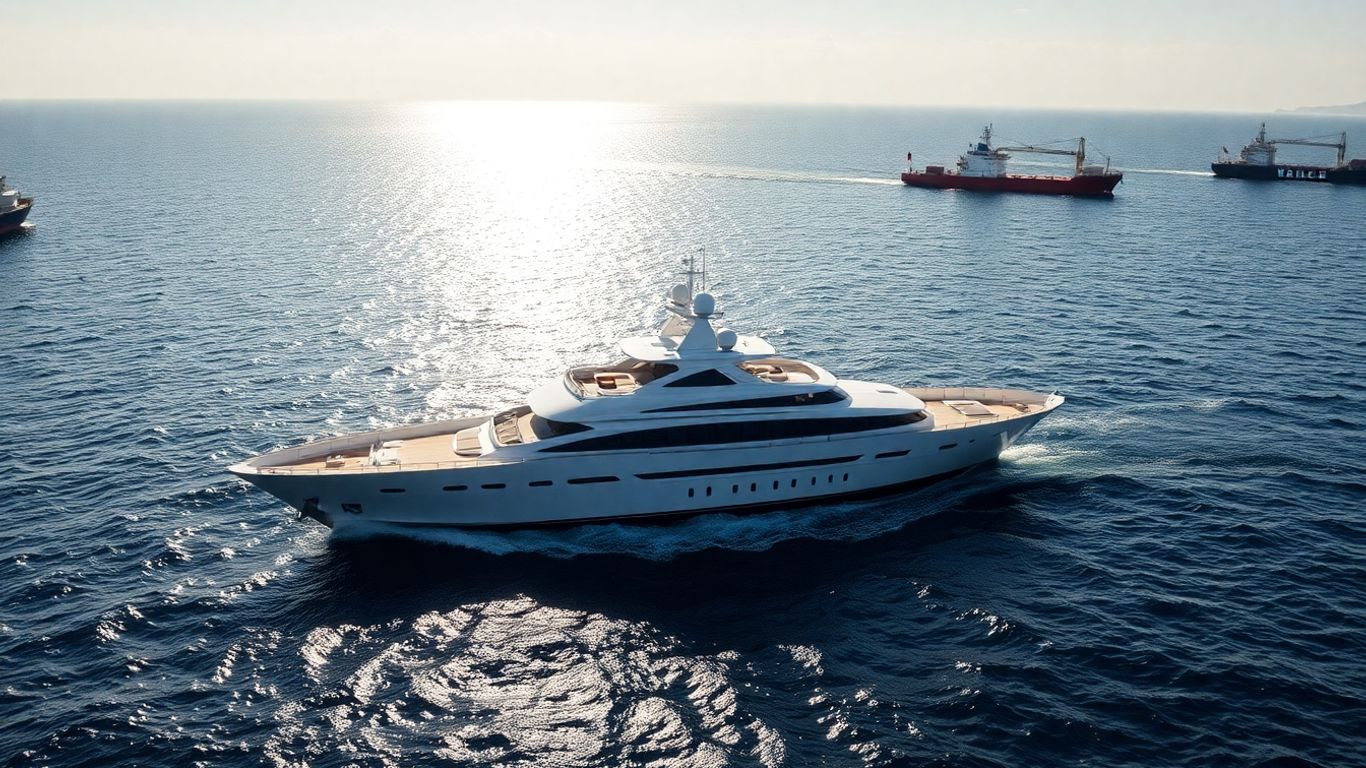 Luxury yacht and cargo ships on the ocean.