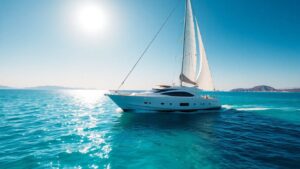 Luxury yacht sailing in the Aegean Sea near Greek islands.