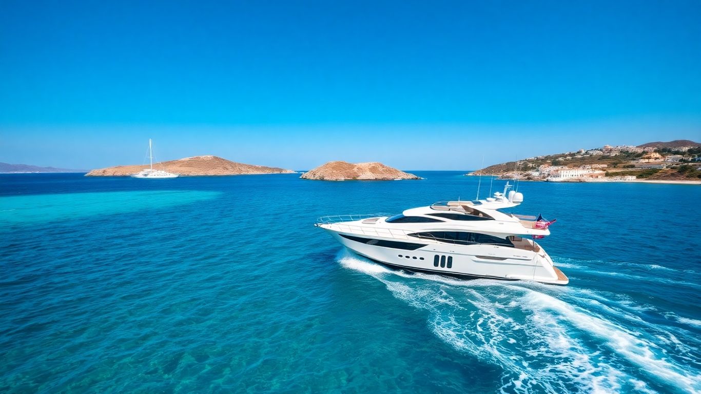 Yacht sailing near Greek islands on azure waters.