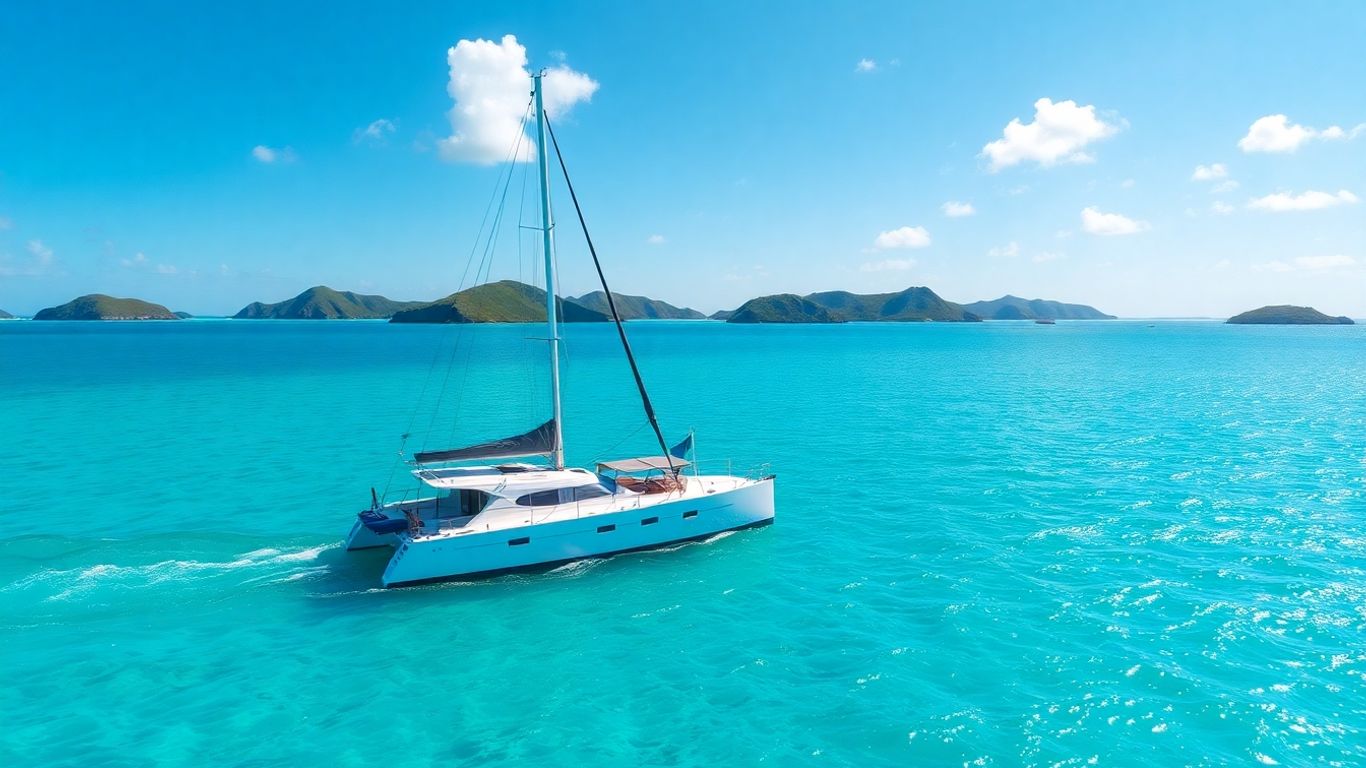 Catamaran sailing on clear Caribbean waters near islands.