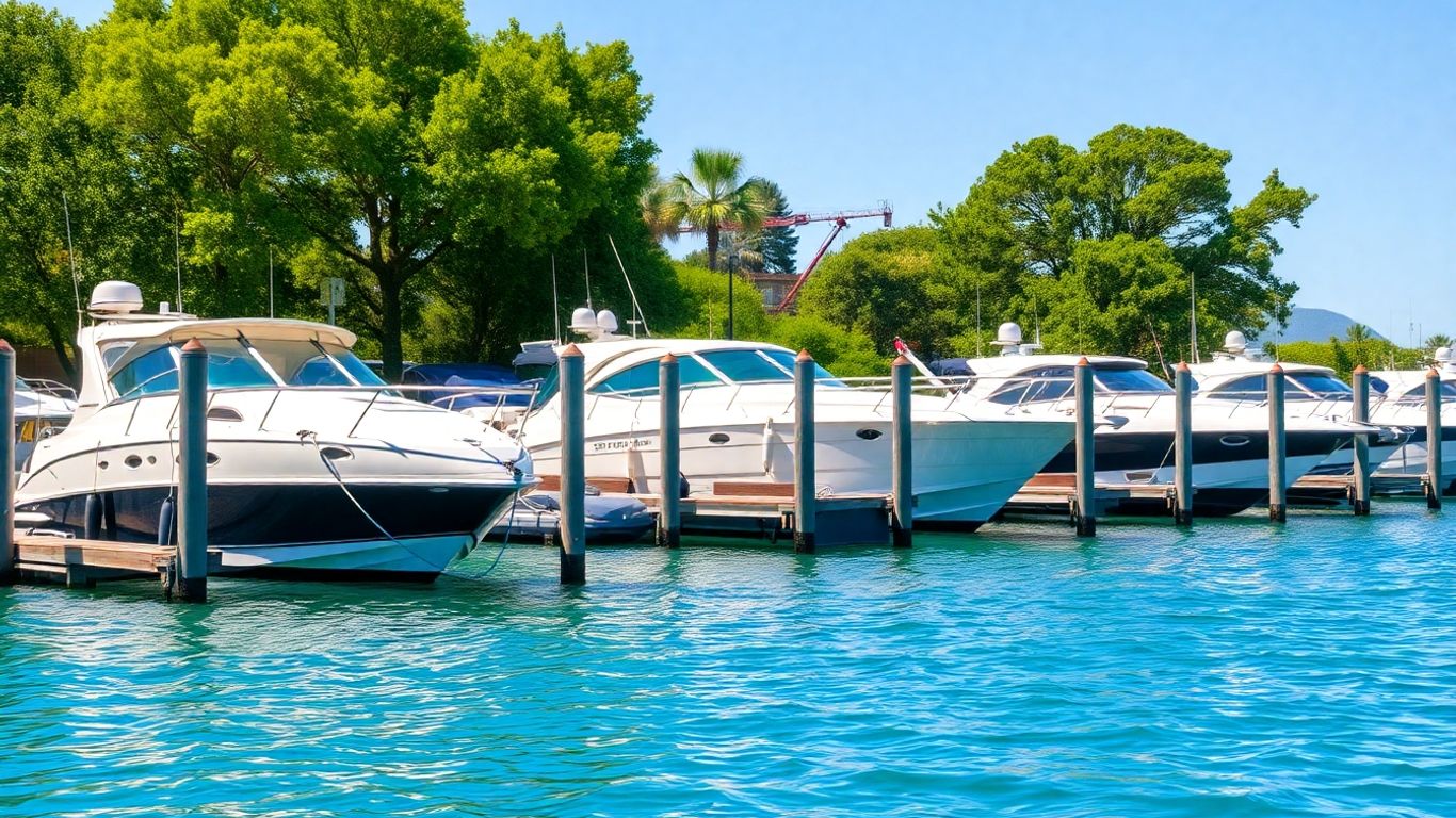 Boats docked at scenic moorings on a sunny day.