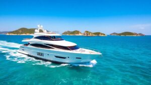 Luxury motor yacht sailing in Croatia's turquoise waters.