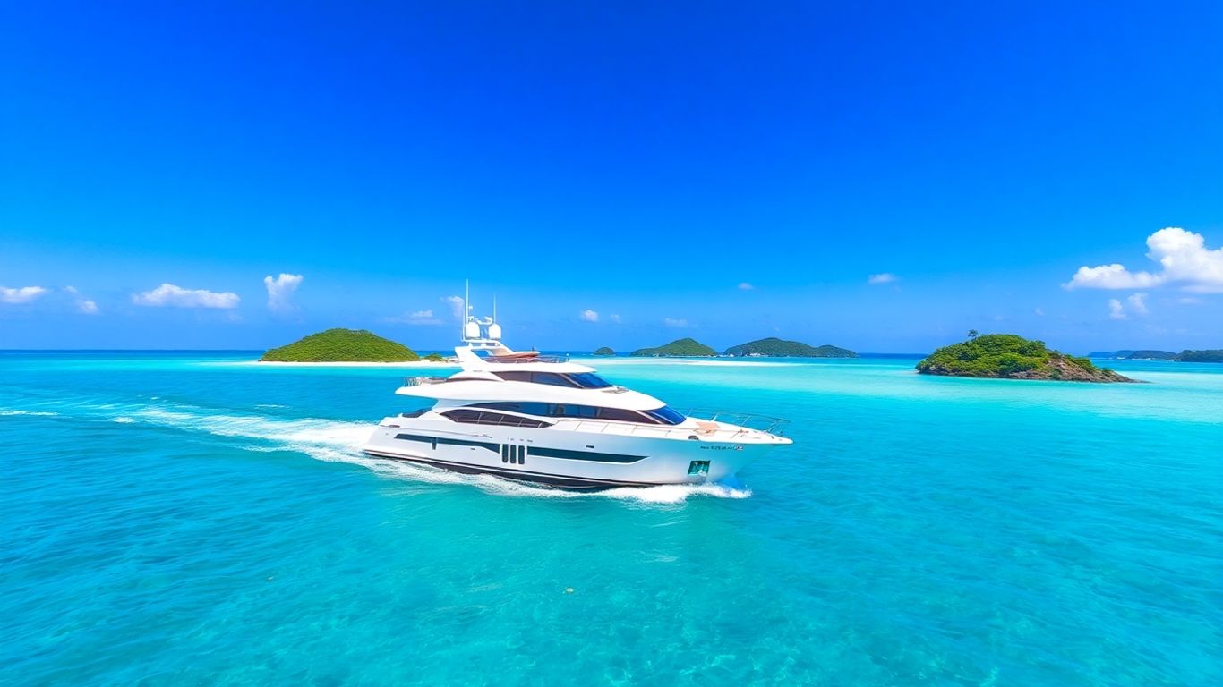 Luxury yacht sailing in clear turquoise Bahamian waters.