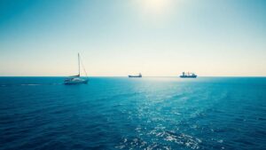 Sailing yacht and cargo ship on the ocean.
