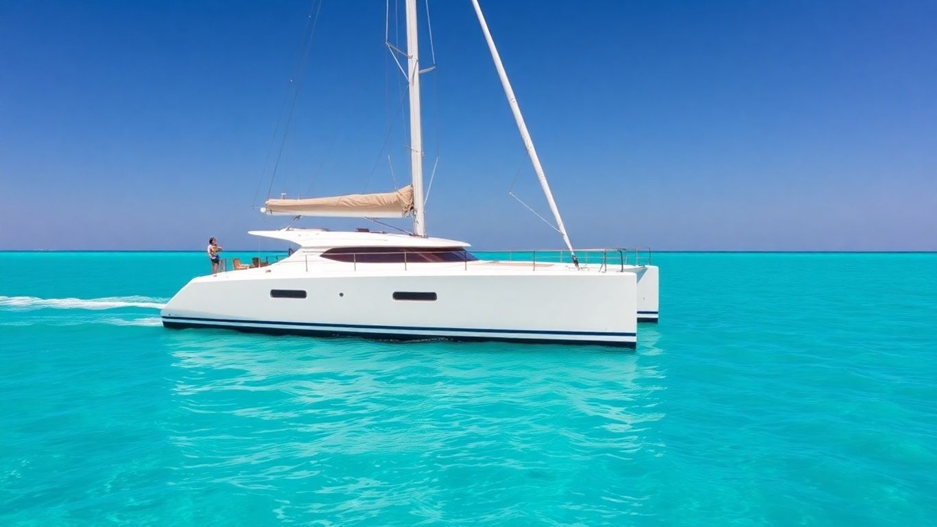 Moorings 4200 catamaran sailing on a clear blue ocean.
