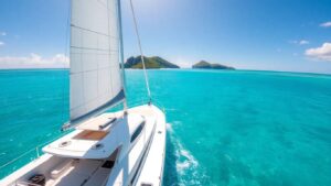 Catamaran sailing on turquoise Caribbean waters near islands.