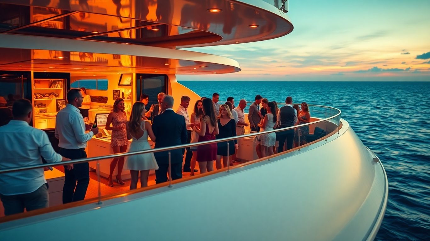Luxury yacht party celebration at sunset