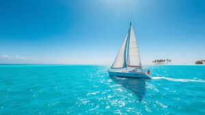 Sailboat on turquoise water near Key West shore.