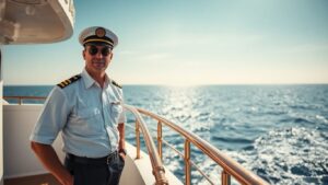 Boat captain on a ship's deck overlooking the ocean.