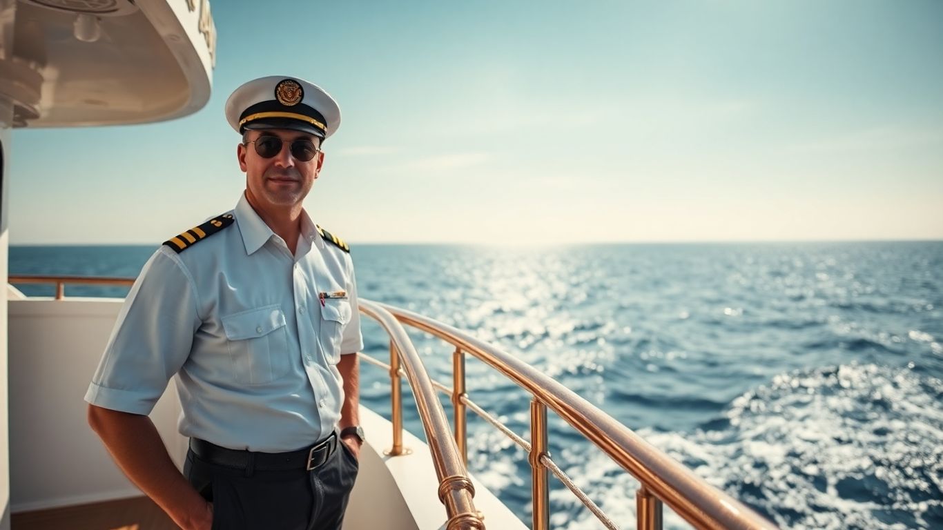 Boat captain on a ship's deck overlooking the ocean.