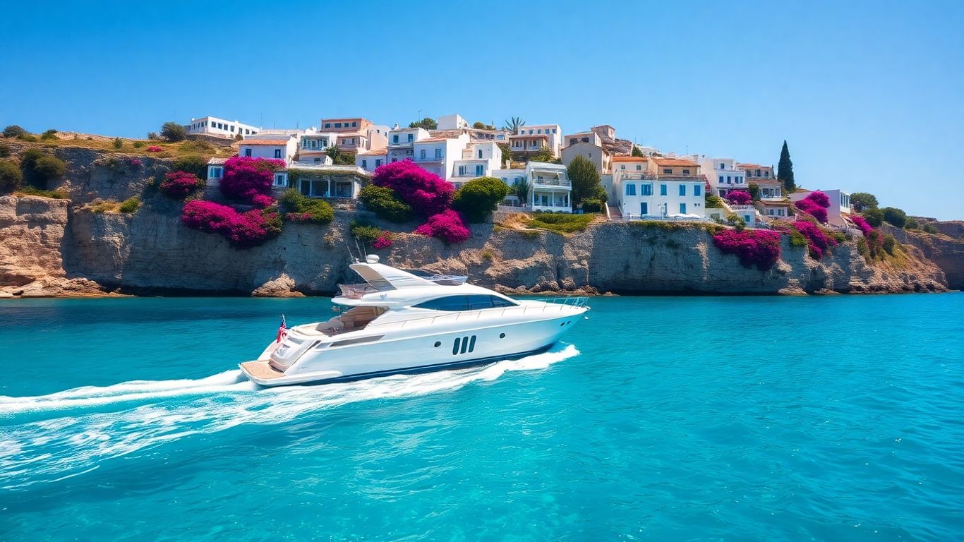 Luxury yacht sailing in the Aegean Sea near Greek islands.