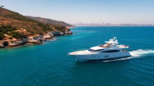 Luxury yacht sailing along the California coast.