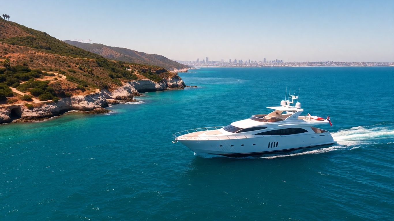 Luxury yacht sailing along the California coast.