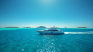 Luxury yacht sailing in Tortola's clear turquoise waters.