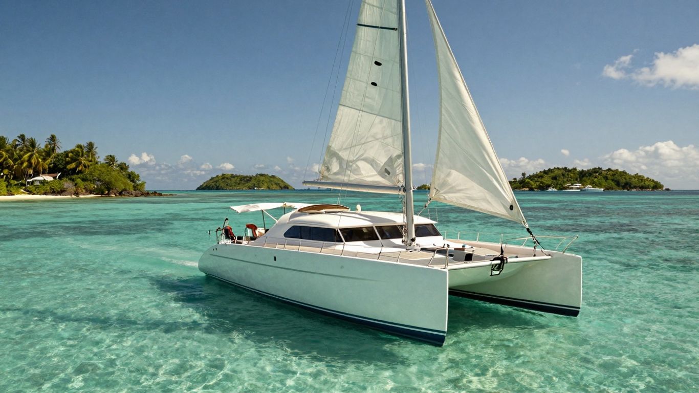 Catamaran sailing in Virgin Islands turquoise waters.
