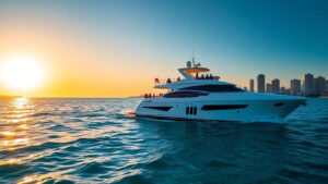 Miami yacht party at sunset with city skyline.