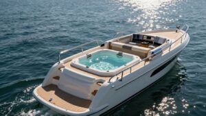 Luxury yacht with jacuzzi on calm blue water.
