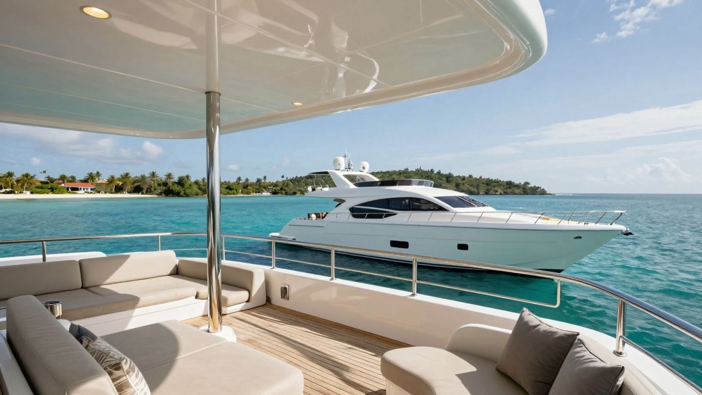 Luxurious yacht sailing on clear blue water near an island.