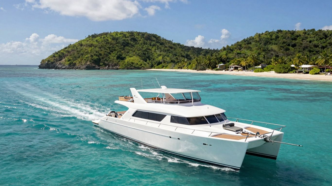 Catamaran sailing in clear Caribbean waters near islands.