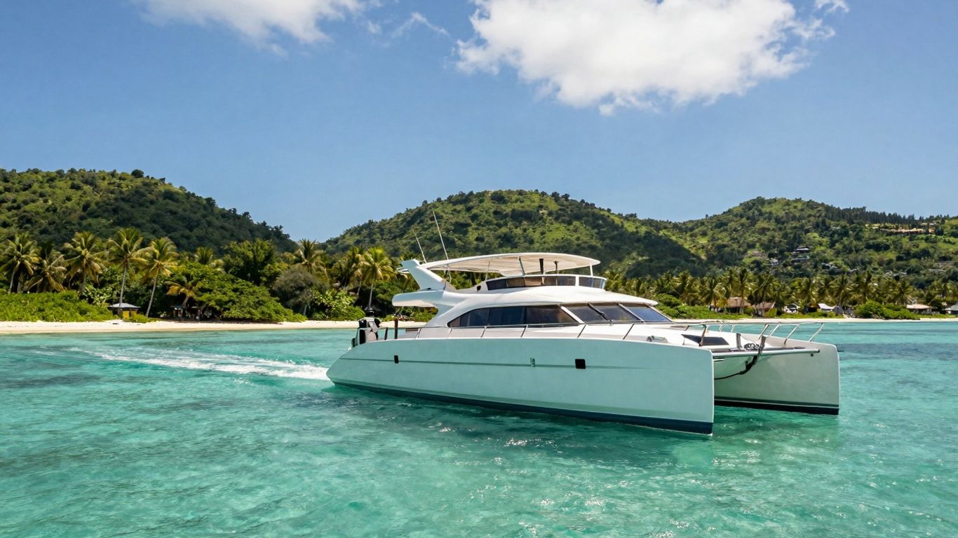 Catamaran sailing in clear turquoise Bahamian waters.