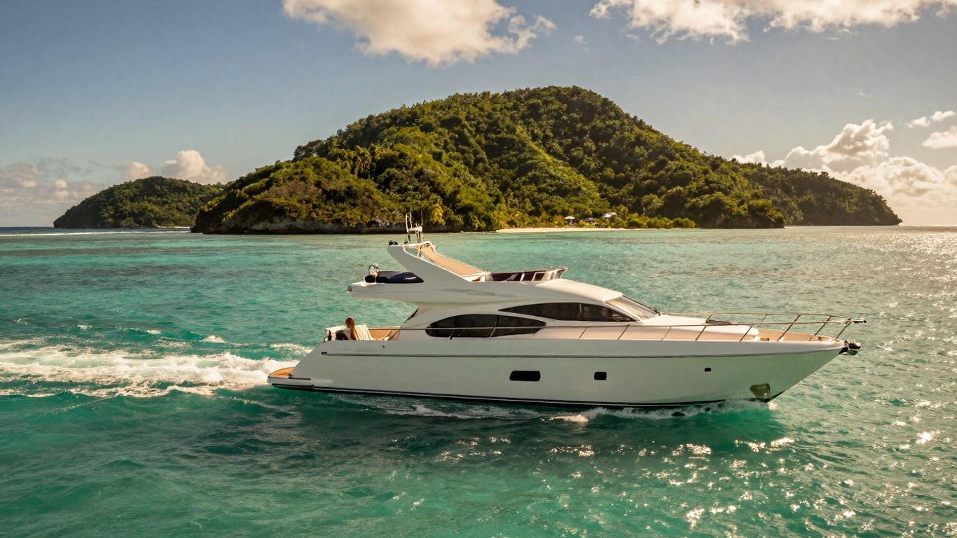 Yacht sailing in clear Caribbean waters near islands.