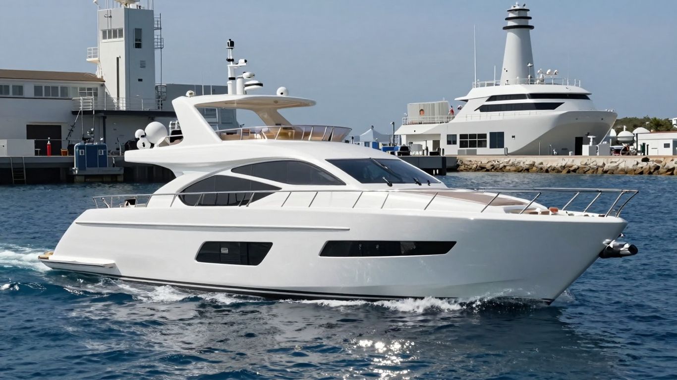 Yacht on water near a science lab.