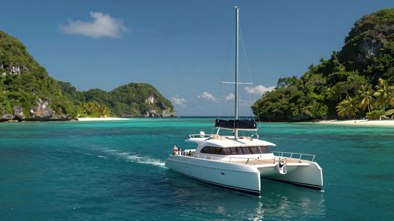 Luxury catamaran sailing on turquoise waters near tropical islands.