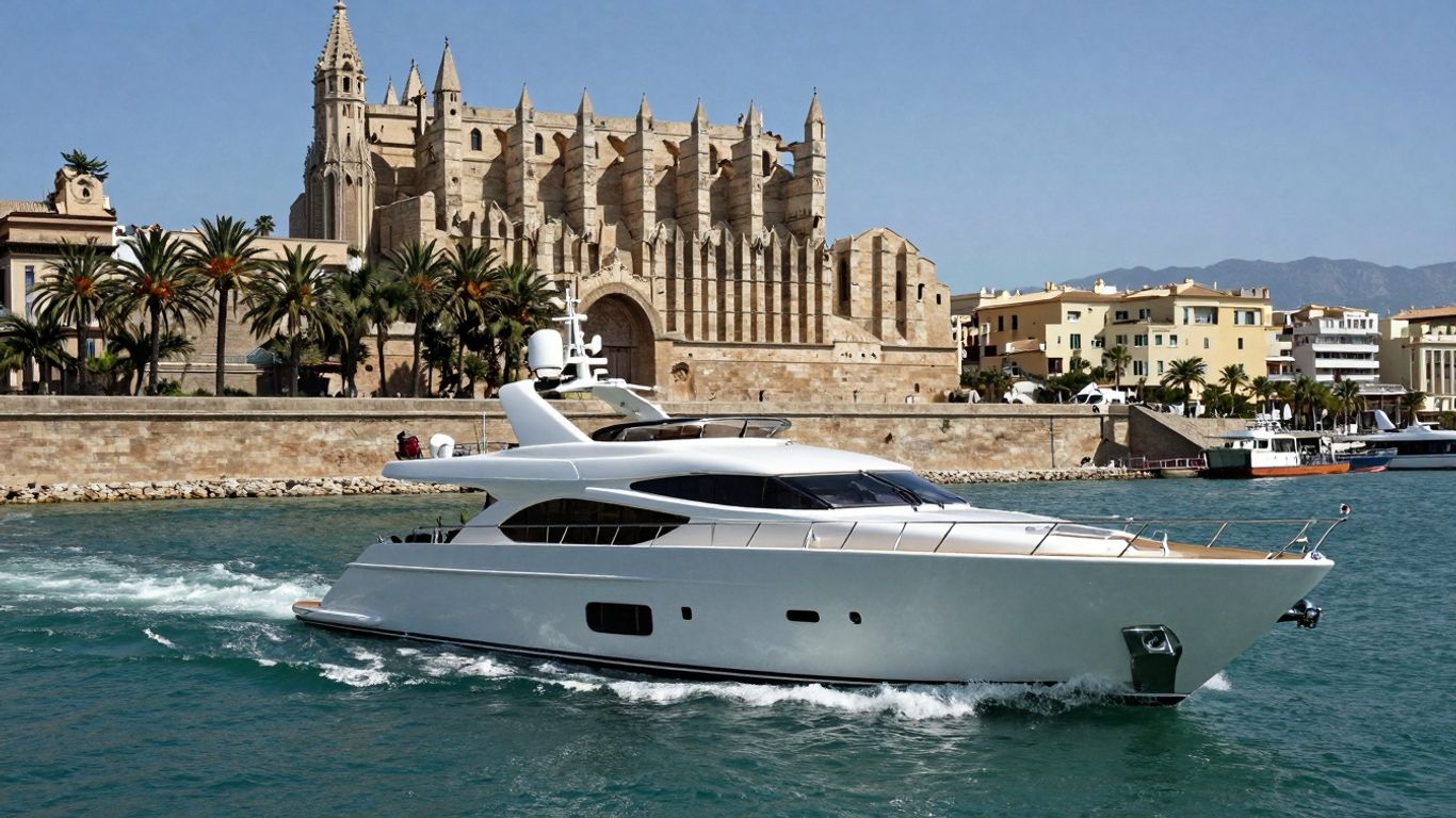 Luxury yacht sailing in Palma, Mallorca with cathedral.
