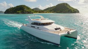 Catamaran sailing on turquoise Caribbean waters near islands.