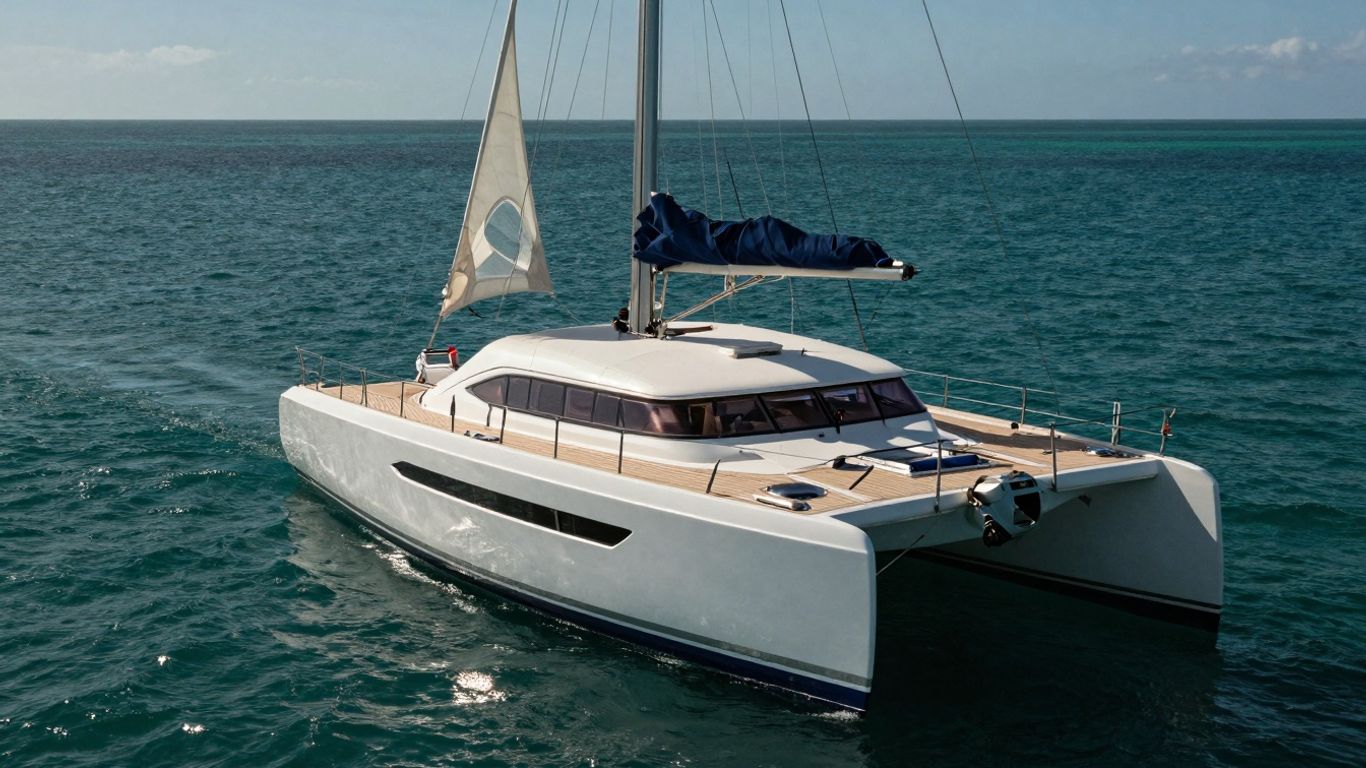 Moorings 4200 catamaran sailing on a clear blue ocean.