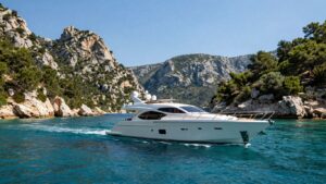 Yacht sailing in Croatia's turquoise waters near green islands.