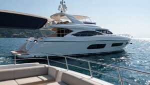 Luxury 150 ft yacht sailing on a clear blue ocean.