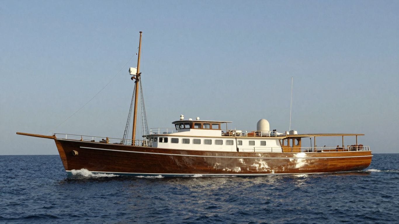 Elegant 1920s yacht sailing on a sunny ocean.