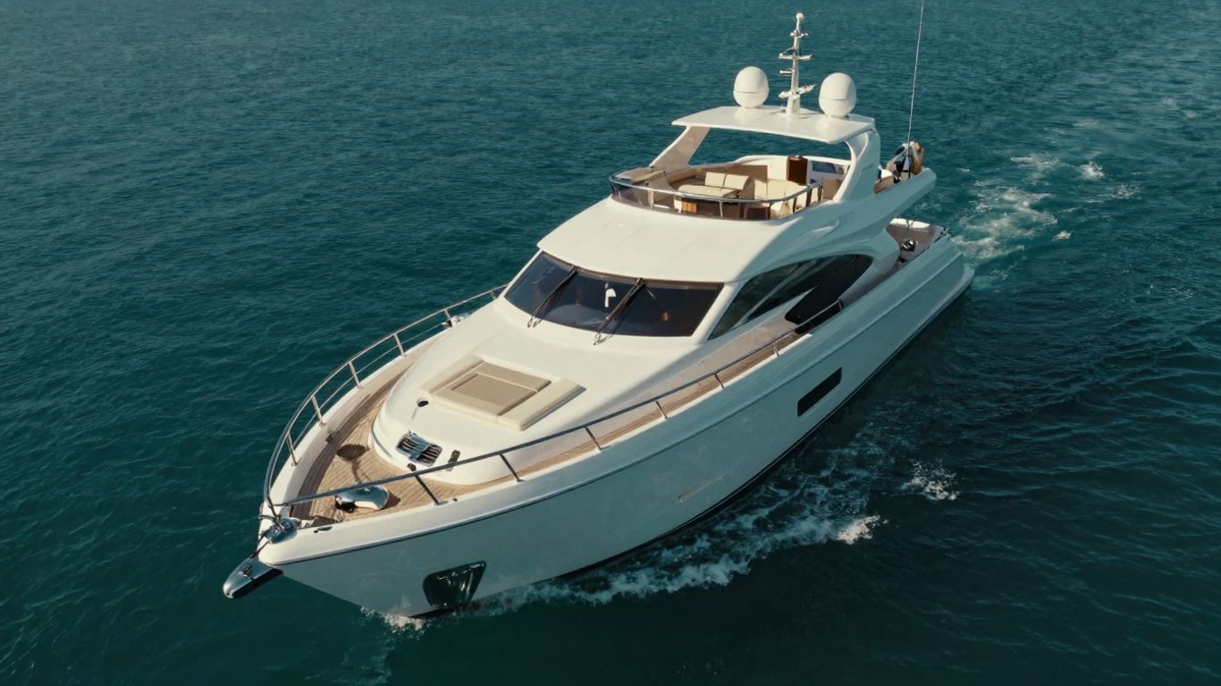 Luxurious 60-foot yacht sailing on a clear blue ocean.