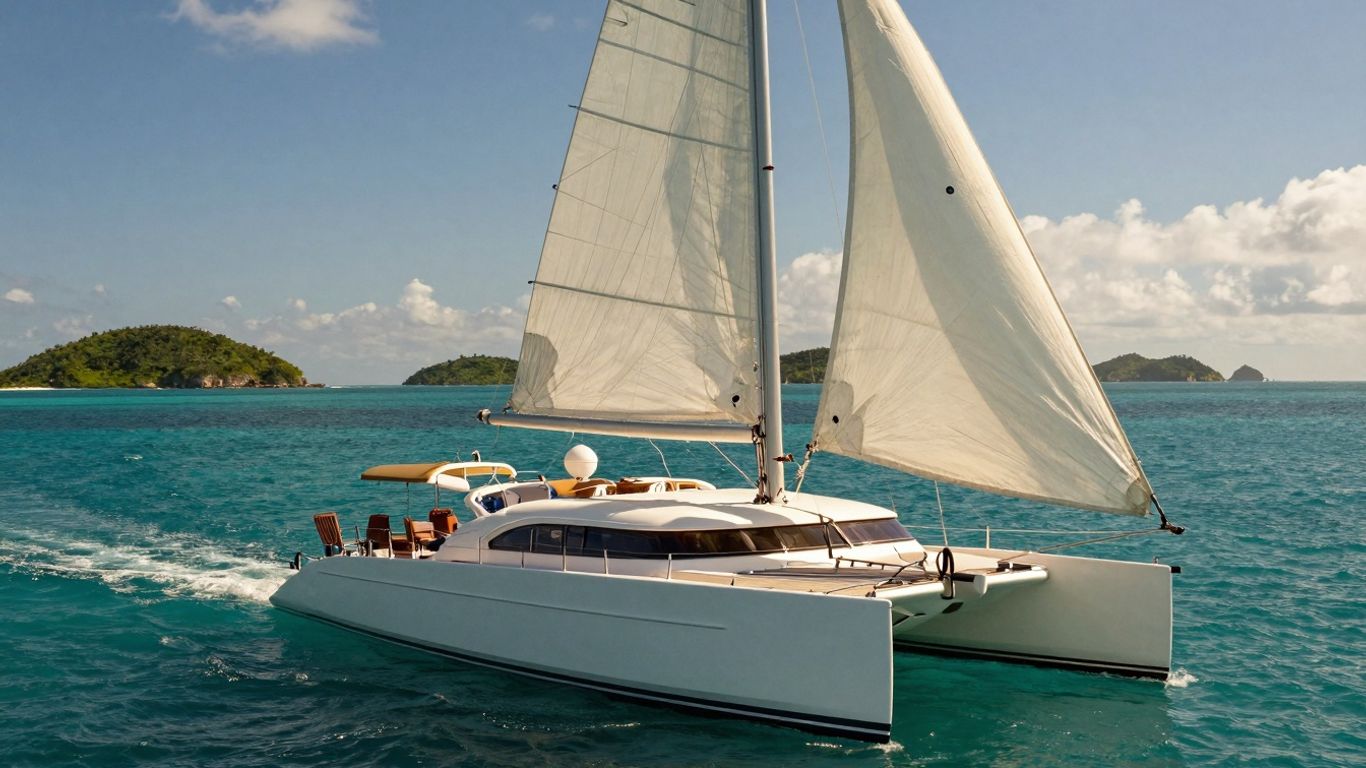 Luxury catamaran sailing in clear turquoise waters of BVI.