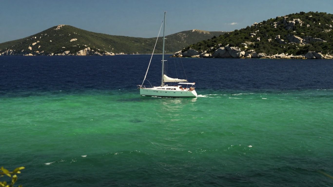 Sailboat on turquoise Adriatic Sea near Croatian islands.