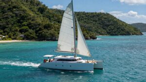 Luxury catamaran sailing in the British Virgin Islands.
