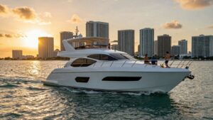 Miami yacht party at sunset with city skyline.