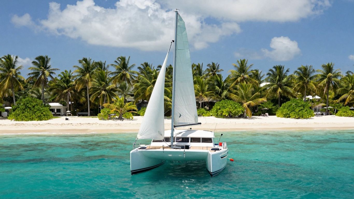 Catamaran sailing to a tropical Bahamian island.