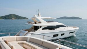 Luxurious superyacht sailing on a clear blue ocean.