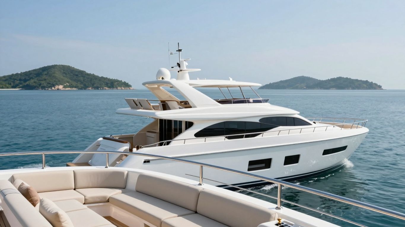 Luxurious superyacht sailing on a clear blue ocean.