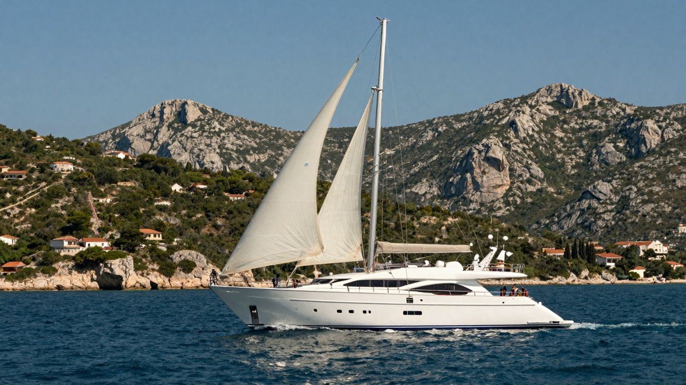 Luxury yacht sailing Adriatic Sea near Croatian islands.