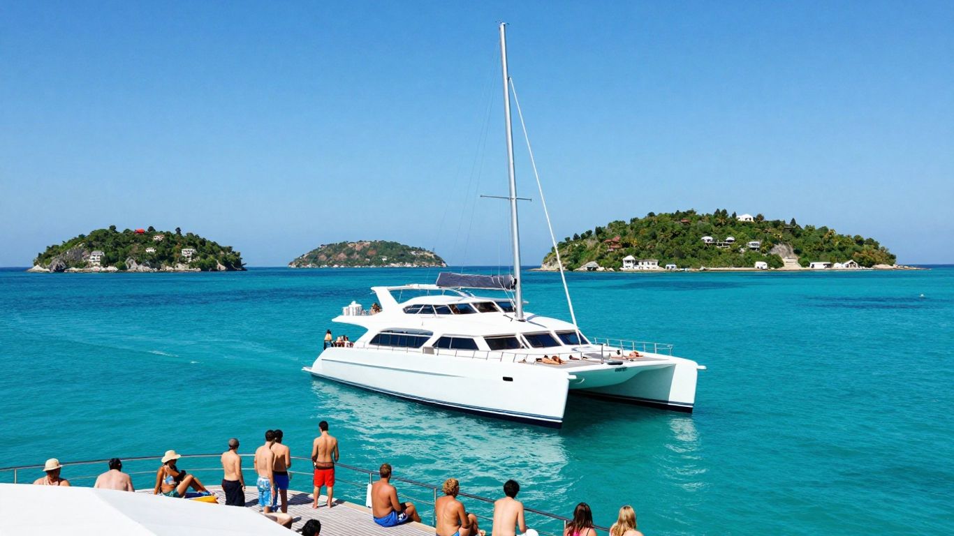 Catamaran sailing on turquoise water near islands.