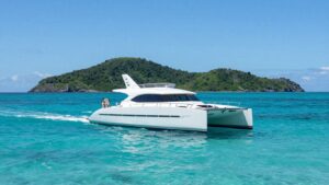 Catamaran sailing in Virgin Islands waters.