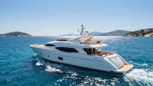 Luxury yacht sailing Mediterranean Sea, sunny day.