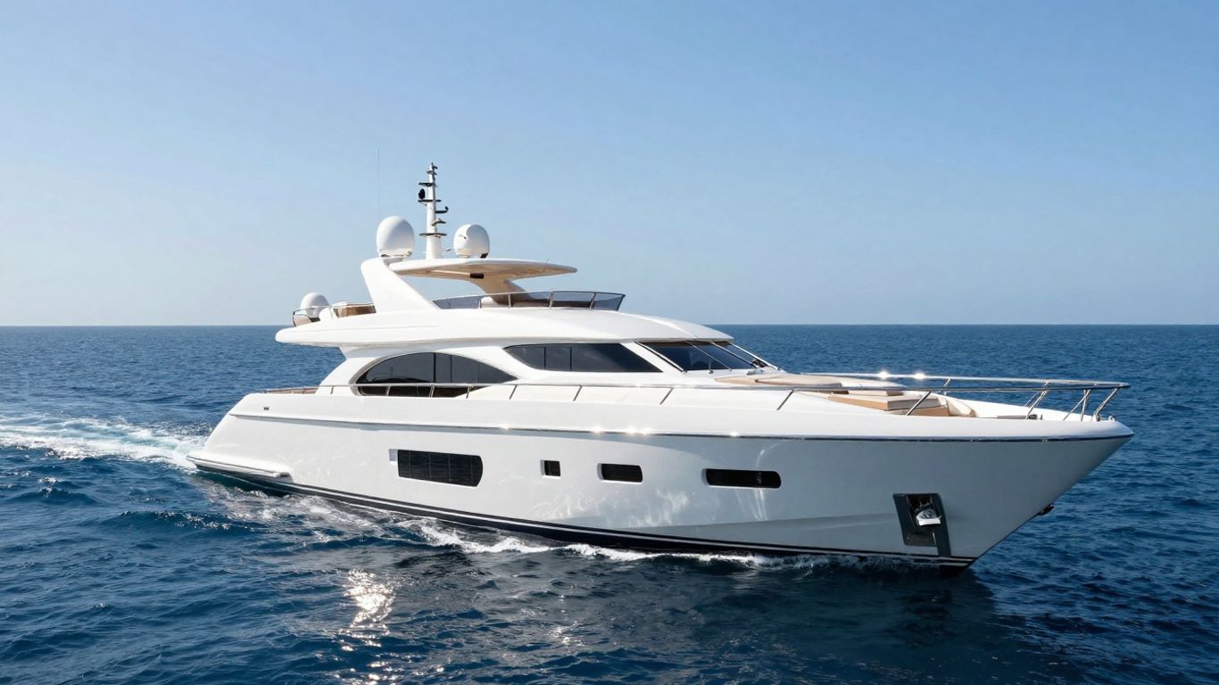 Sleek 150-foot luxury yacht sailing on a clear blue ocean.
